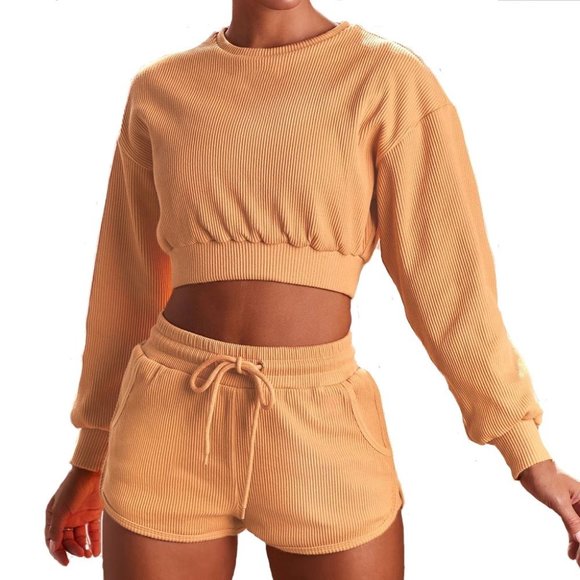 Long Sleeve Crop Top and Shorts Set - Picture 1 of 3